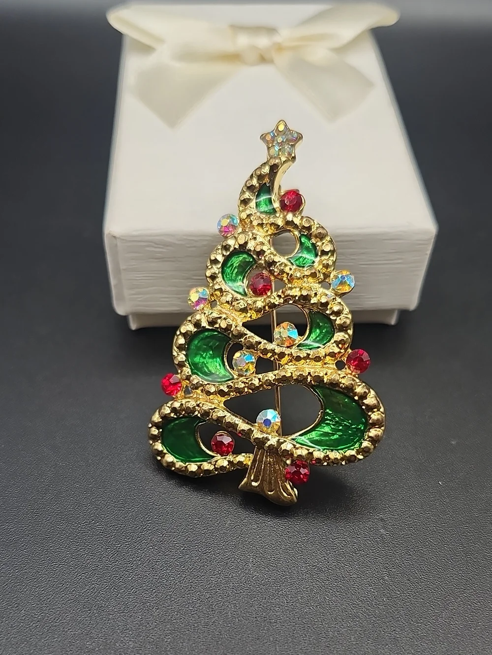 Gold-Tone Green & Red Enamel Christmas Tree Brooch